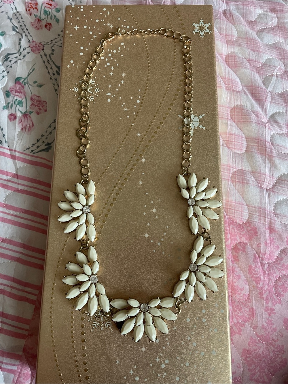 Gold-Tone Necklace with Cream Floral Clusters